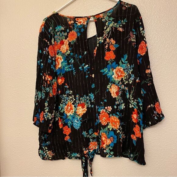 H.I.P. Black colorful bright floral flower semi sheer boho artsy peasant 2X - Picture 2 of 10